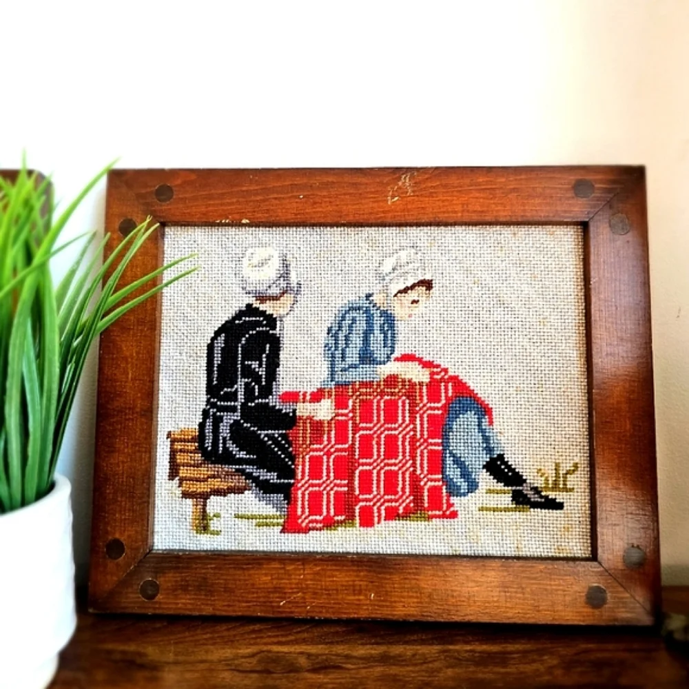 Vintage Needlework c1950 Amish Midcentury Embroidery Wood Frames Country Decor